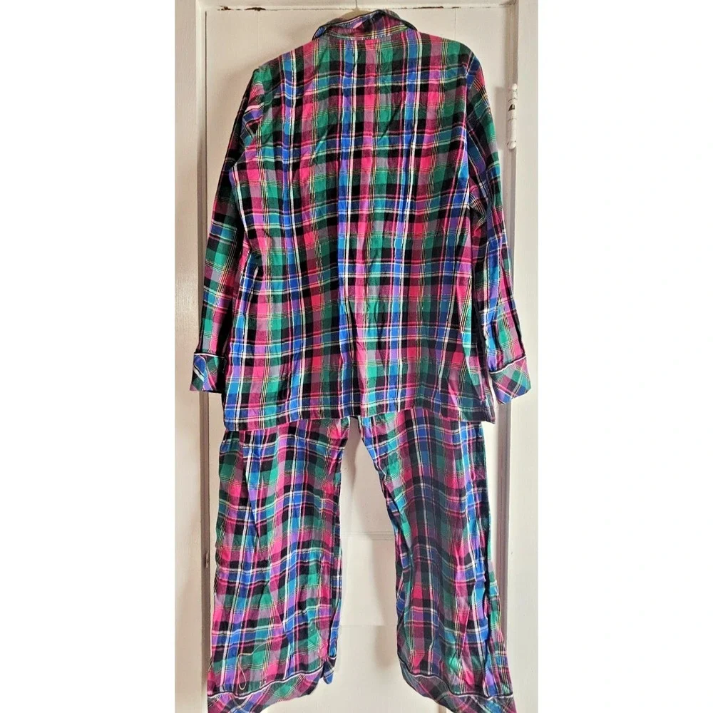 Victoria's Secret 2pc set Pajamas metallic silver plaid‎ cotton button womens XL
